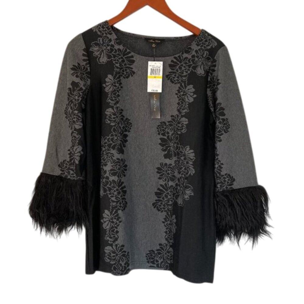 New Melissa Paige Penny Lane Style Sweater, Floral, Gray, Faux Fur, Size M